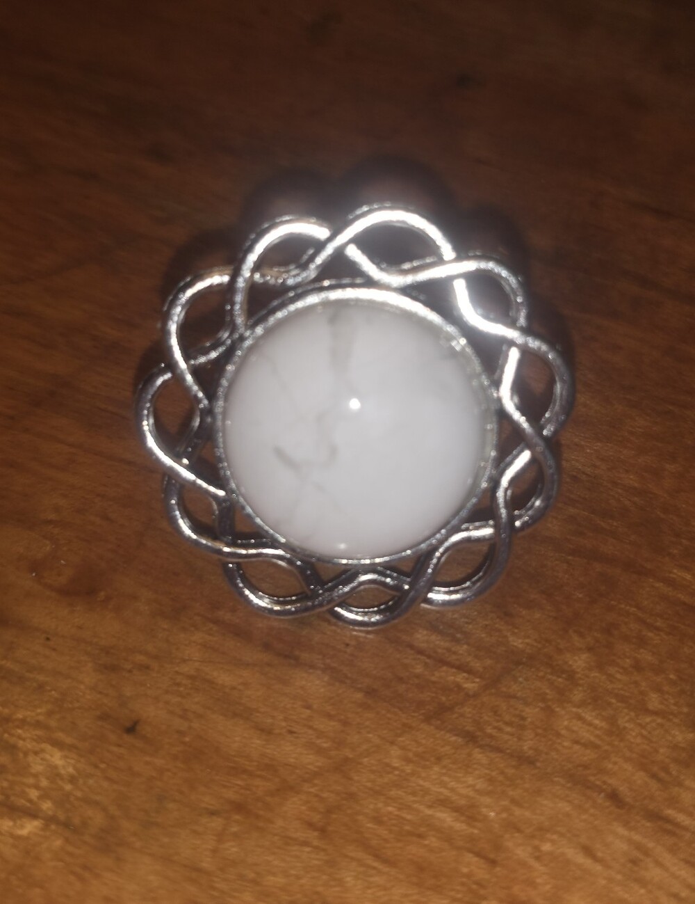 White Howlite Gemstonein Silver Tone Frame Adjustable Ring